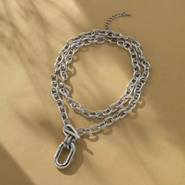 Exaggerated Gold Color Big Elliptical Pendant Necklace for Women Metal Chunky Chain OT Buckle Necklace