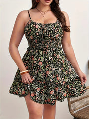 Plus Size Summer Women Elegant Floral Print Dress Vacation Vintage Casual Sleeveless Ruffle Sling Dresses - Luxe Ladies Moda