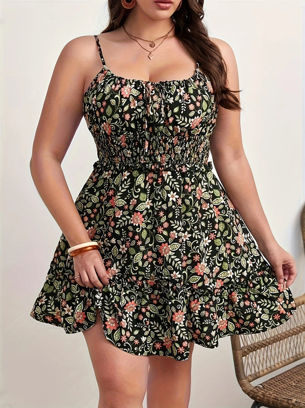 Plus Size Summer Women Elegant Floral Print Dress Vacation Vintage Casual Sleeveless Ruffle Sling Dresses - Luxe Ladies Moda
