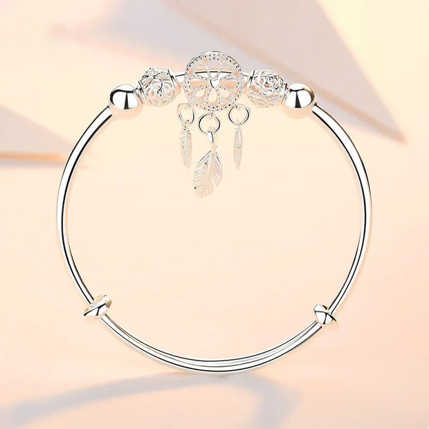 Dreamcatcher Tassel Silver Bracelet – Elegant Boho Jewelry with Dreamcatcher Charm and Tassels - Luxe Ladies Moda