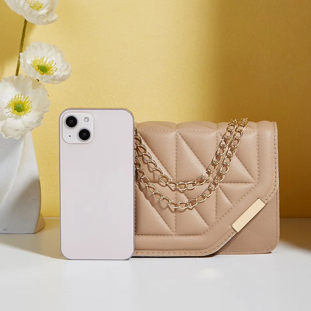 Triangle diamond check embroidery small square bag new fashion with solid color sequin magnetic link crossbody bag - Luxe Ladies Moda