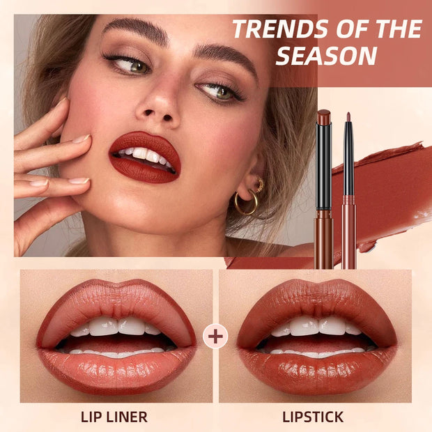 QIBEST 2pcs Lipstick Lipliner Pen Set Matte Velvet Lip Liner Pencil Contour Makeup Sexy Red Lip Stick Long Lasting Cosmetics - Luxe Ladies Moda