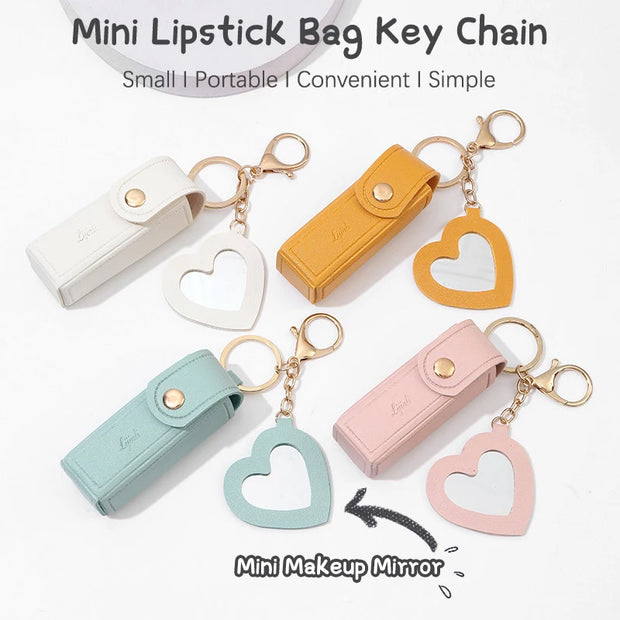 Solid Color Portable Lipstick Bags Wallet Keychain Mini Storage Bag For Women Lipsticks Protective Cover With Mini Makeup Mirror - Luxe Ladies Moda