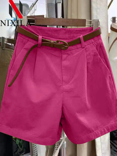 Summer Cotton Shorts for Women Korean Loose Casual Wide Leg Short Belt Solid Color Rose Red Women's Short Pants Female Clothing
