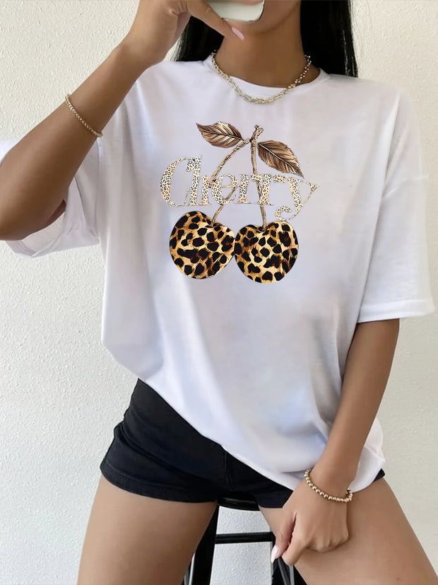Women's Casual Cherry Print T-Shirt with Leopard Print Cherries & Letter Design - Short Sleeve, Crew Neck Ladies T Shirts - Luxe Ladies Moda