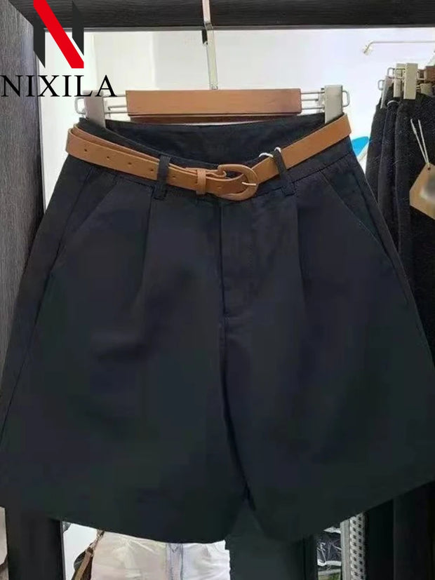 Summer Cotton Shorts for Women Korean Loose Casual Wide Leg Short Belt Solid Color Rose Red Women's Short Pants Female Clothing