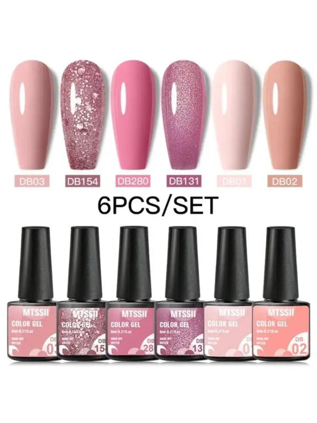 6PCS/Set Pink Glitter Gel Nail Polish Set Sequins Semi Permanent Base Matte Top Coat Soak Off LED UV Nail Art Gel Varnish