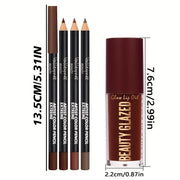 4PCS Dark Brown Lip Kit – Lip Liner + Lip Glaze, Waterproof & Long-Lasting Matte Finish