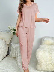 Women's new style pajamas short sleeve trousers elegant casual two-piece solid color home wear - Luxe Ladies Moda