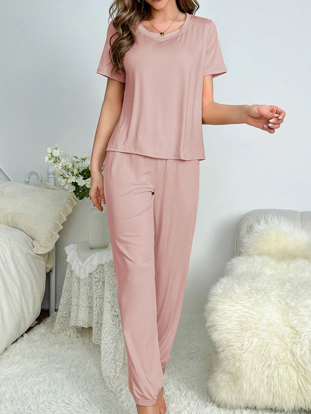 Women's new style pajamas short sleeve trousers elegant casual two-piece solid color home wear - Luxe Ladies Moda