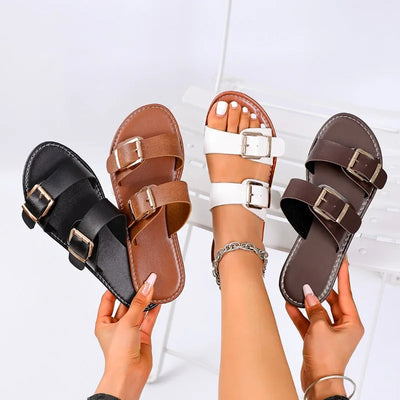 New large size buckle flat bottom one word slippers female open toe retro style beach slippers - Luxe Ladies Moda
