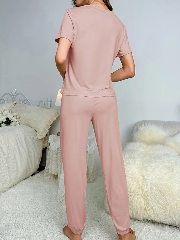 Women's new style pajamas short sleeve trousers elegant casual two-piece solid color home wear - Luxe Ladies Moda