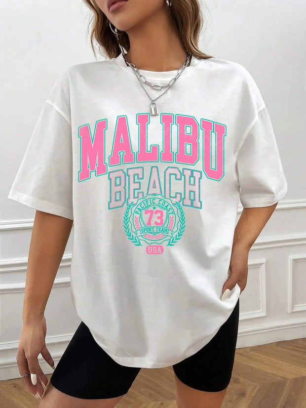Malibu Beach Letter Print Print Womens T-Shirts Street Casual Tshirt Summer Brand Tee Clothing Hip Hop Breathable Tshirts Women - Luxe Ladies Moda