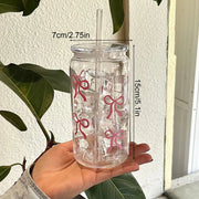 500Ml Pink Bow Print Water Bottle Drinking Can Iced Hot Coffee Juice Plastic Cup Pink Bowknot Tumbler Cup - Luxe Ladies Moda