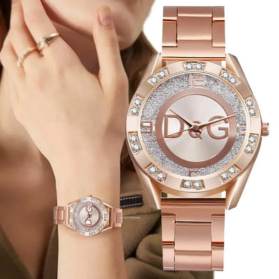 Women Watch Fashion with Diamonds Crystal Design Quartz Watches Leisure Rose Gold Stainless Steel Strap Clock - Luxe Ladies Moda