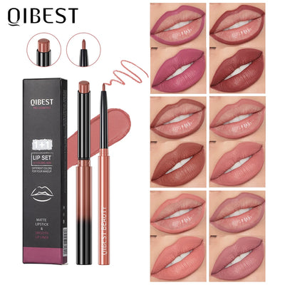 QIBEST 2pcs Lipstick Lipliner Pen Set Matte Velvet Lip Liner Pencil Contour Makeup Sexy Red Lip Stick Long Lasting Cosmetics - Luxe Ladies Moda