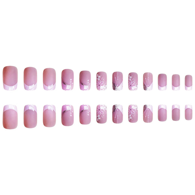 24pcs French False Nails Pink Flowers Short Coffin Fake Nail Tips for Girl Wearable Sweet Korean Simple Nude Pink Press on Nails - Luxe Ladies Moda
