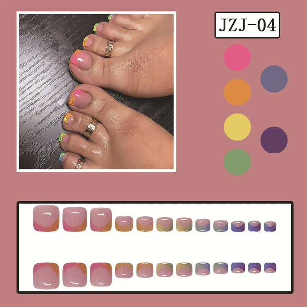 Summer French Gradient Press-On Toe Nails – Short Square Full Cover Rainbow Fake Toenail Set