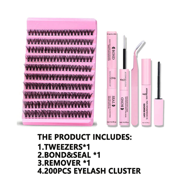 DIY Eyelash Extension Kit 200pcs Individual Lashes Cluster D Curl, 8-16mm Mix Lash Clusters with Lash Tweezers - Luxe Ladies Moda