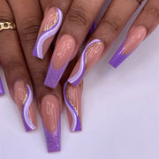 24pcs/Box Long T Handmade French Flame Wave Love With Diamond False Nail Enhancement Waterproof Gel Fake Nails