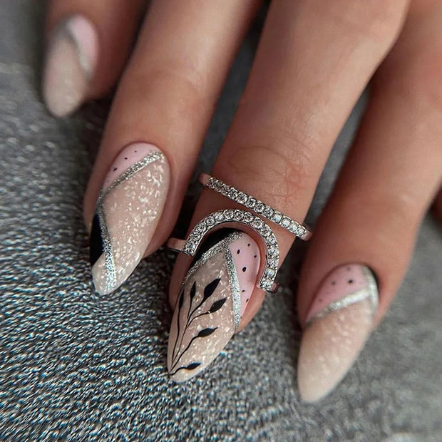 24pcs Detachable Almond French False Nails DIY Glitter Design Press on Nails Fake Nials DIY Manicure Nail Tips