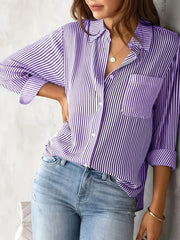 Women's Shirt Blouse Pink Striped classic Print Button Long Sleeve Casual No pockets Daily Basic Shirt - Luxe Ladies Moda