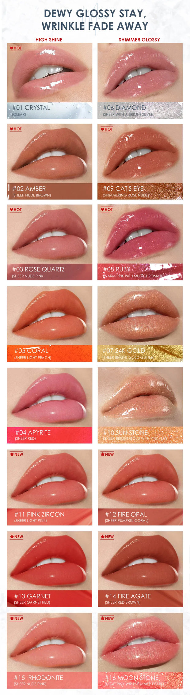 Lip Gloss Moisturizing Long Lasting Juicy Jelly Lip Tint 16 Colors Shiny Transparent Lipgloss Women's Cosmetics