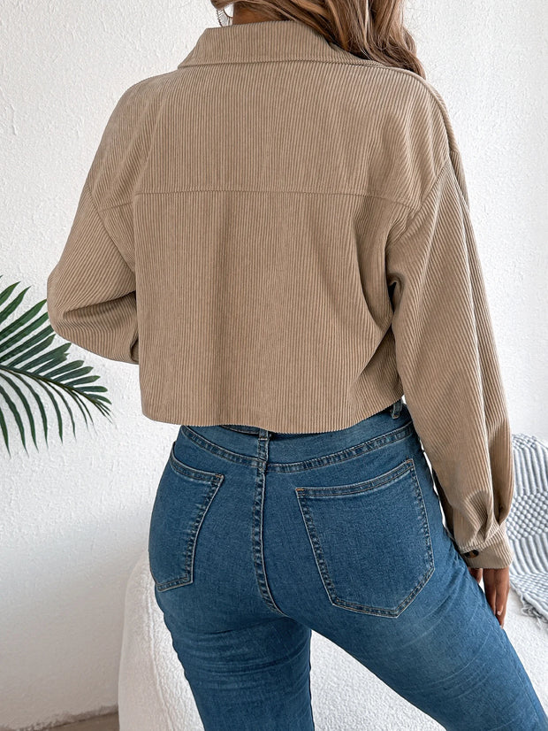 Crop Jacket Woman Casual Pocket Single Breasted Long Sleeve Lapel Black Pink Khaki Short Corduroy Coats
