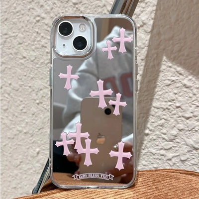 Luxury Pink Jesus Christ Cross Mirror Face Phone Case For iPhone 15 14 13 12 11 Pro Max Hard Acrylic Makeup Mirror iPhone Cases - Luxe Ladies Moda