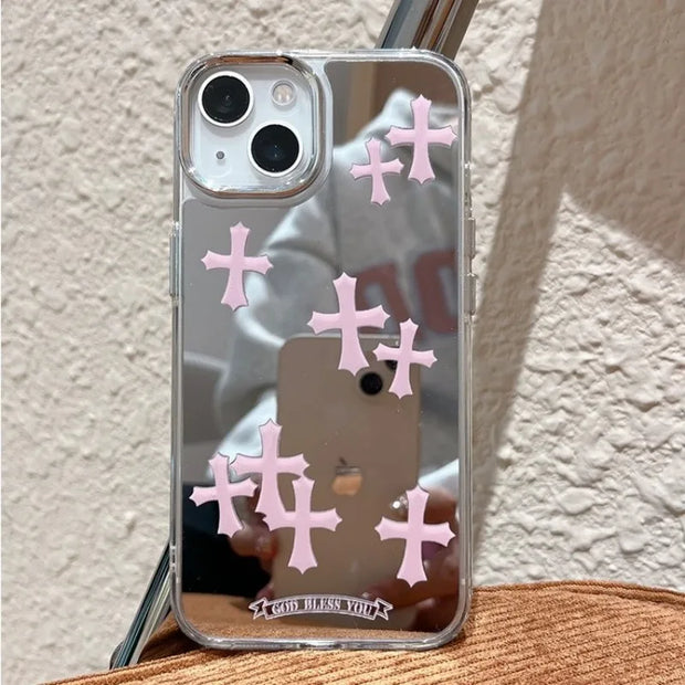 Luxury Pink Jesus Christ Cross Mirror Face Phone Case For iPhone 15 14 13 12 11 Pro Max Hard Acrylic Makeup Mirror iPhone Cases - Luxe Ladies Moda