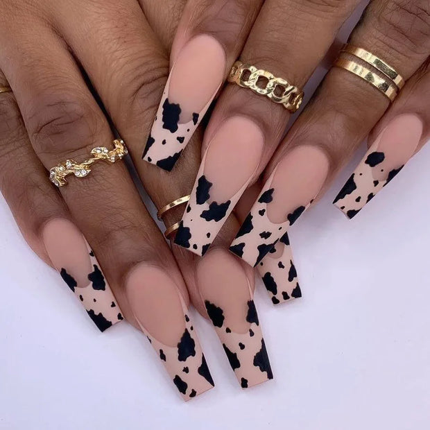24pcs/Box Long T Handmade French Flame Wave Love With Diamond False Nail Enhancement Waterproof Gel Fake Nails