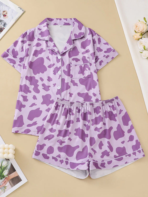 Two-piece set of women's pajamas lapel top and trousers cow pattern summer casual women's pajamas home wear - Luxe Ladies Moda