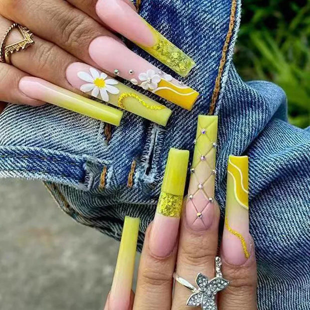 24pcs/Box Long T Handmade French Flame Wave Love With Diamond False Nail Enhancement Waterproof Gel Fake Nails