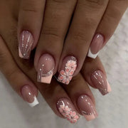 24pcs French False Nails Pink Flowers Short Coffin Fake Nail Tips for Girl Wearable Sweet Korean Simple Nude Pink Press on Nails - Luxe Ladies Moda