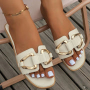 Women Metal Decor Single Band Flat Sandals Fashion Sexy Open Toe Outdoors Slides Luxurious Office Ladies Party Female Shoes - Luxe Ladies Moda