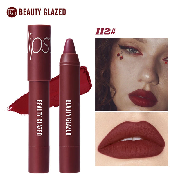 Beauty Glazed Matte Lipstick Pencil Waterproof Long Lasting Lip Balm 12 Colors Velvet Lip Liner Pen Lips Makeup Women Cosmetics - Luxe Ladies Moda