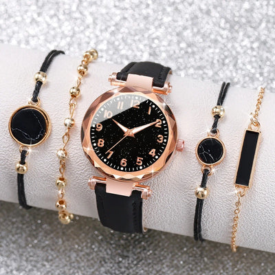 5PCS/Set Women‘s Watches Ladies Fashion Leather Band Analog Quartz WristWatch Bracelets Set - Luxe Ladies Moda