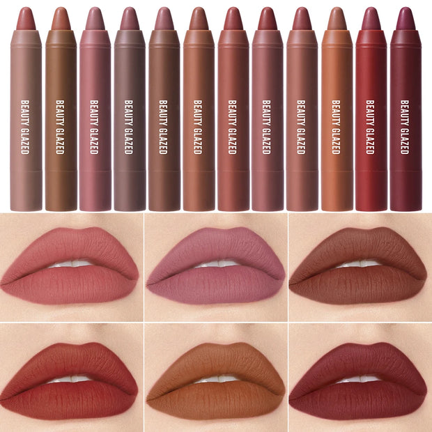 Beauty Glazed Matte Lipstick Pencil Waterproof Long Lasting Lip Balm 12 Colors Velvet Lip Liner Pen Lips Makeup Women Cosmetics - Luxe Ladies Moda