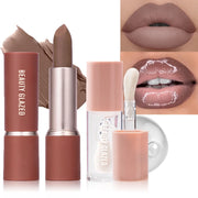 2Pcs/Set Matte Brown Lipstick+Translucency Lip Gloss Combo Kit,Easy Application, Non-Stick, Moisturizing