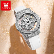 OLEVS Elegant Quartz Watch for Women Luxury Star Snowflake Dial Women's Watches Leather Strap Fashion Ladies Wrist Watches Clock - Luxe Ladies Moda