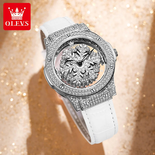 OLEVS Elegant Quartz Watch for Women Luxury Star Snowflake Dial Women's Watches Leather Strap Fashion Ladies Wrist Watches Clock - Luxe Ladies Moda