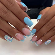 24pcs/Box Long T Handmade French Flame Wave Love With Diamond False Nail Enhancement Waterproof Gel Fake Nails