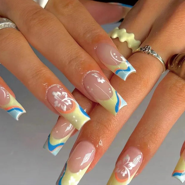 24pcs/Box Long T Handmade French Flame Wave Love With Diamond False Nail Enhancement Waterproof Gel Fake Nails