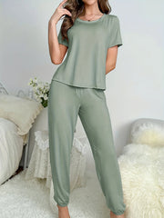 Women's new style pajamas short sleeve trousers elegant casual two-piece solid color home wear - Luxe Ladies Moda