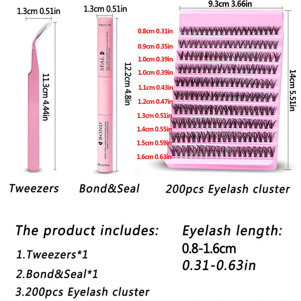DIY Eyelash Extension Kit 200pcs Individual Lashes Cluster D Curl, 8-16mm Mix Lash Clusters with Lash Tweezers - Luxe Ladies Moda