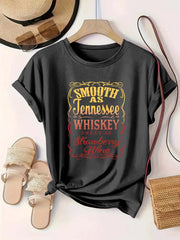 Plus Size Women's Round Neck Whiskey & Strawberry Wine themed Print Short Sleeve T Shirt Summer Casual Trendy Tops - Luxe Ladies Moda