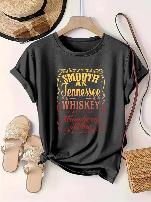Plus Size Women's Round Neck Whiskey & Strawberry Wine themed Print Short Sleeve T Shirt Summer Casual Trendy Tops - Luxe Ladies Moda