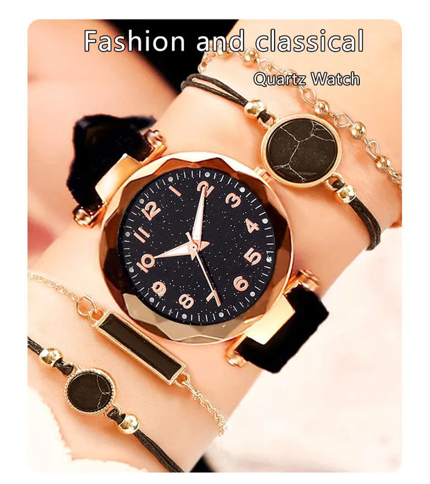 5pcs Set Womens Watches Set Ladies Fashion Watch Black Female New Simple Casual Womens Analog WristWatch Bracelet Gift No Box - Luxe Ladies Moda