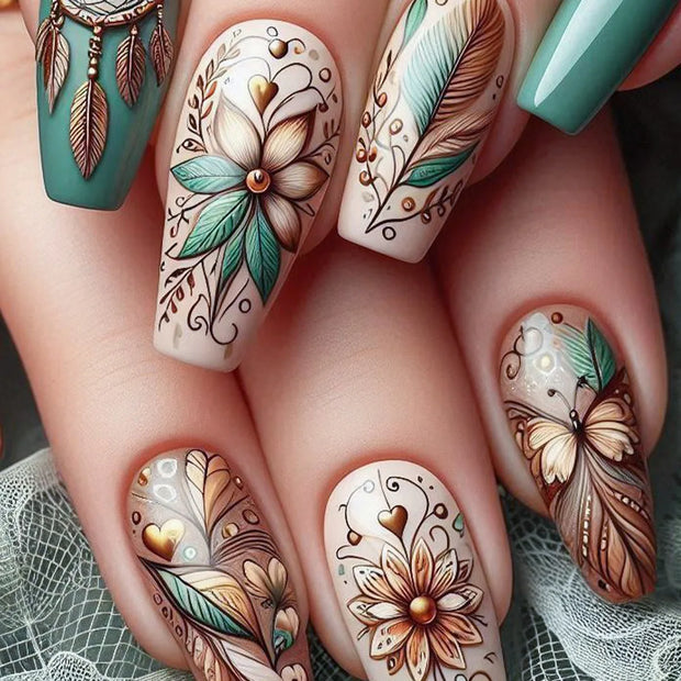 24pcs/set Medium long fake nails for women Spring summer flowers butterfly bee design faux ongles tips press on false nail art - Luxe Ladies Moda