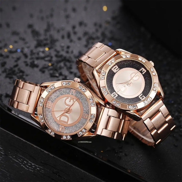 Women Watch Fashion with Diamonds Crystal Design Quartz Watches Leisure Rose Gold Stainless Steel Strap Clock - Luxe Ladies Moda